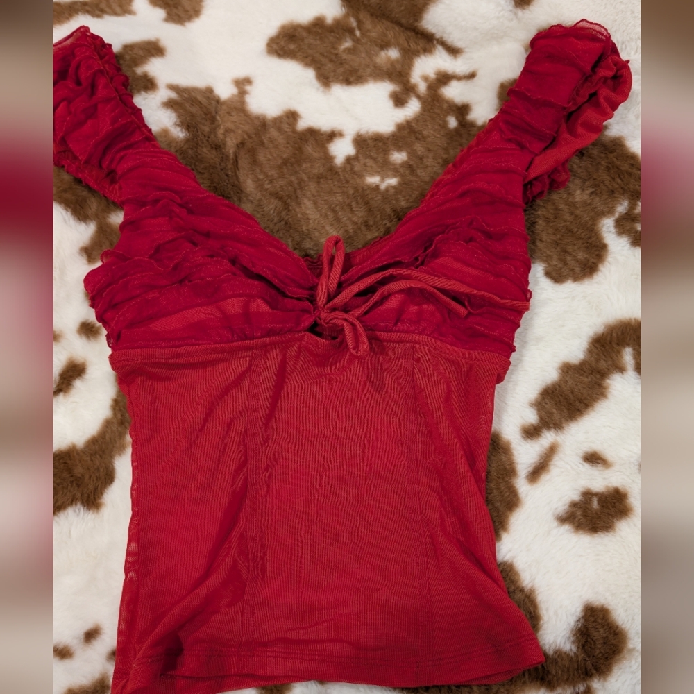 🎉Kimchi Blue Red Ruched Sheer Blouse - Picture 2 of 5
